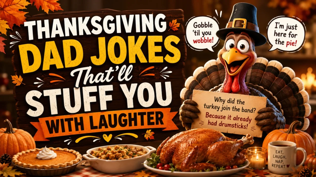 Funny Thanksgiving dad jokes banner featuring a smiling turkey, pumpkin pie, roasted turkey dinner, and festive autumn decorations.