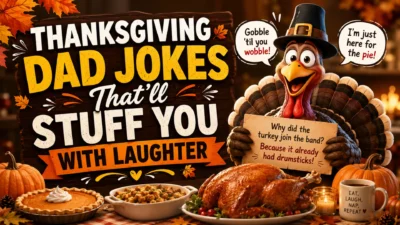 Funny Thanksgiving dad jokes banner featuring a smiling turkey, pumpkin pie, roasted turkey dinner, and festive autumn decorations.