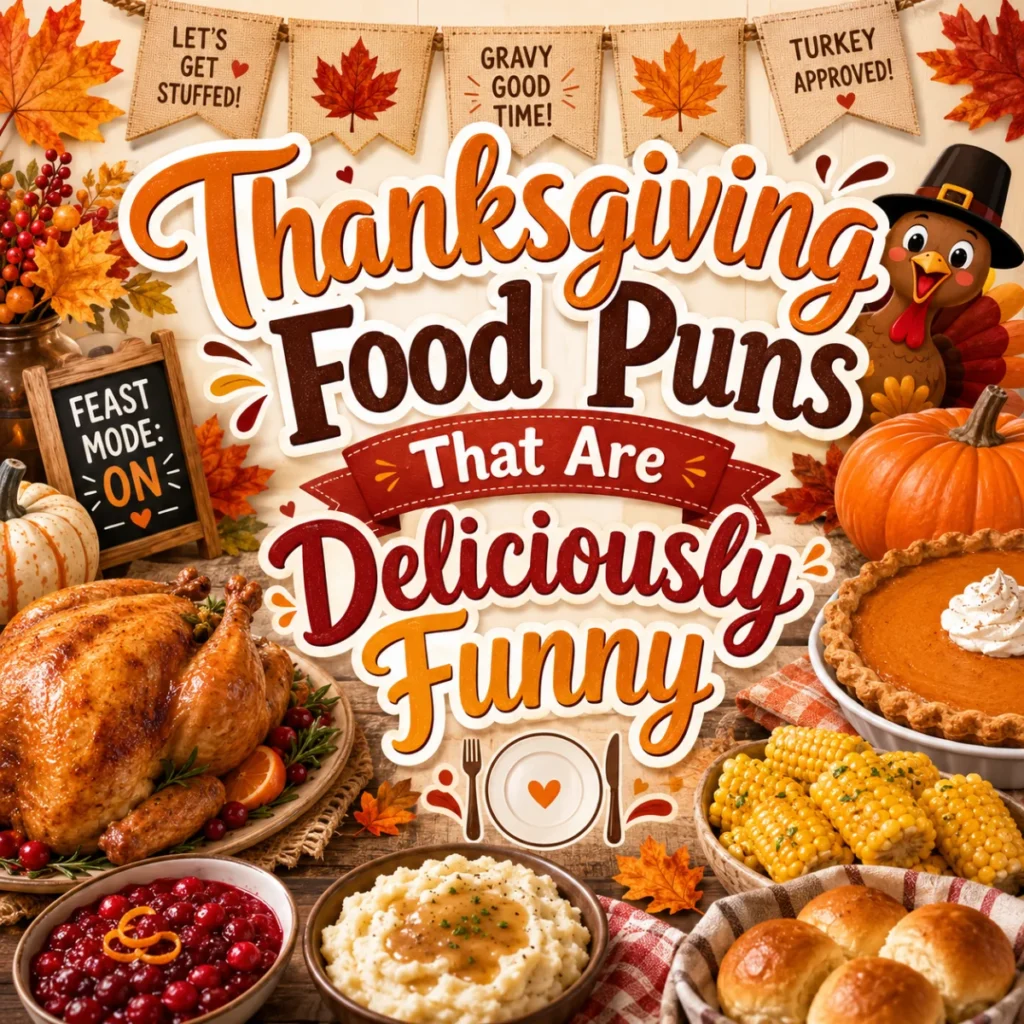 Thanksgiving food puns graphic featuring roasted turkey, pumpkin pie, mashed potatoes, cranberry sauce, corn, dinner rolls, pumpkins, and autumn leaves.