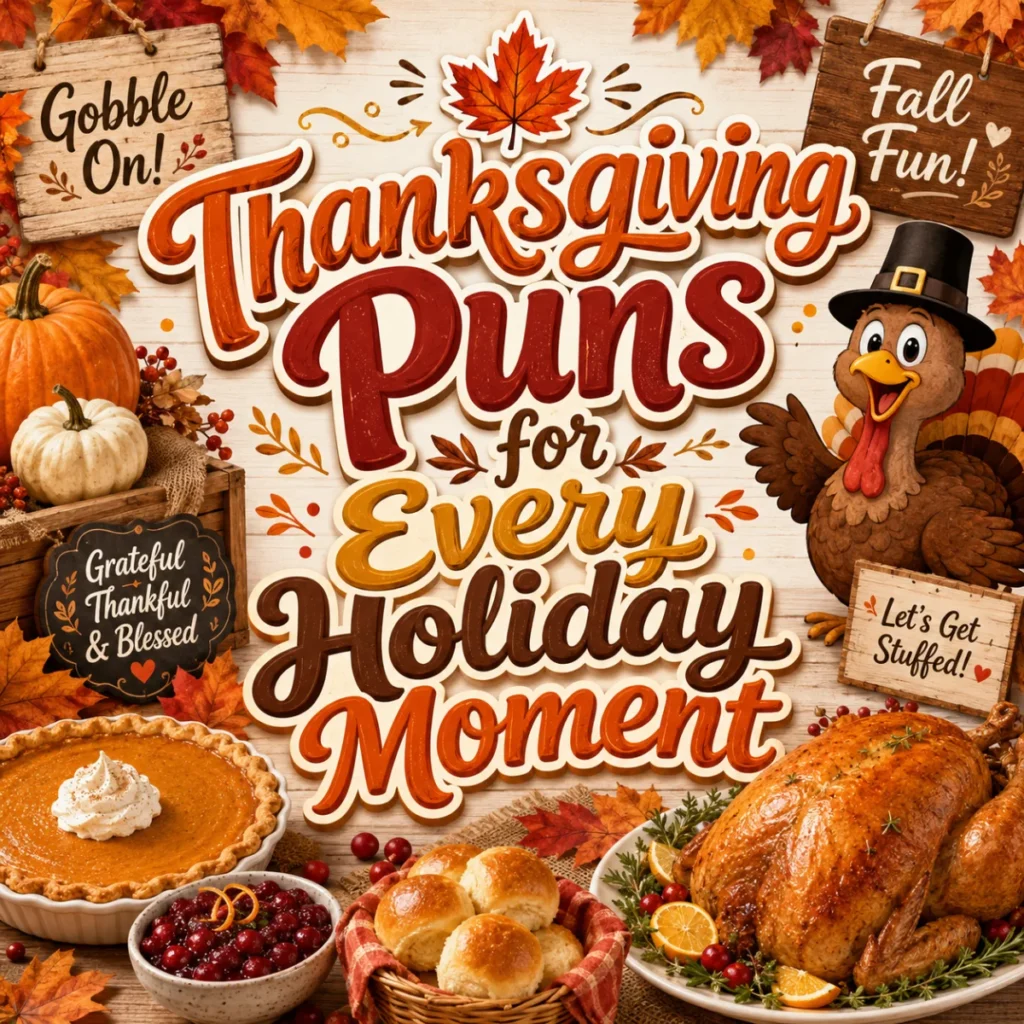 Thanksgiving puns graphic with a smiling cartoon turkey, roasted turkey, pumpkin pie, cranberries, dinner rolls, pumpkins, and colorful fall leaves.