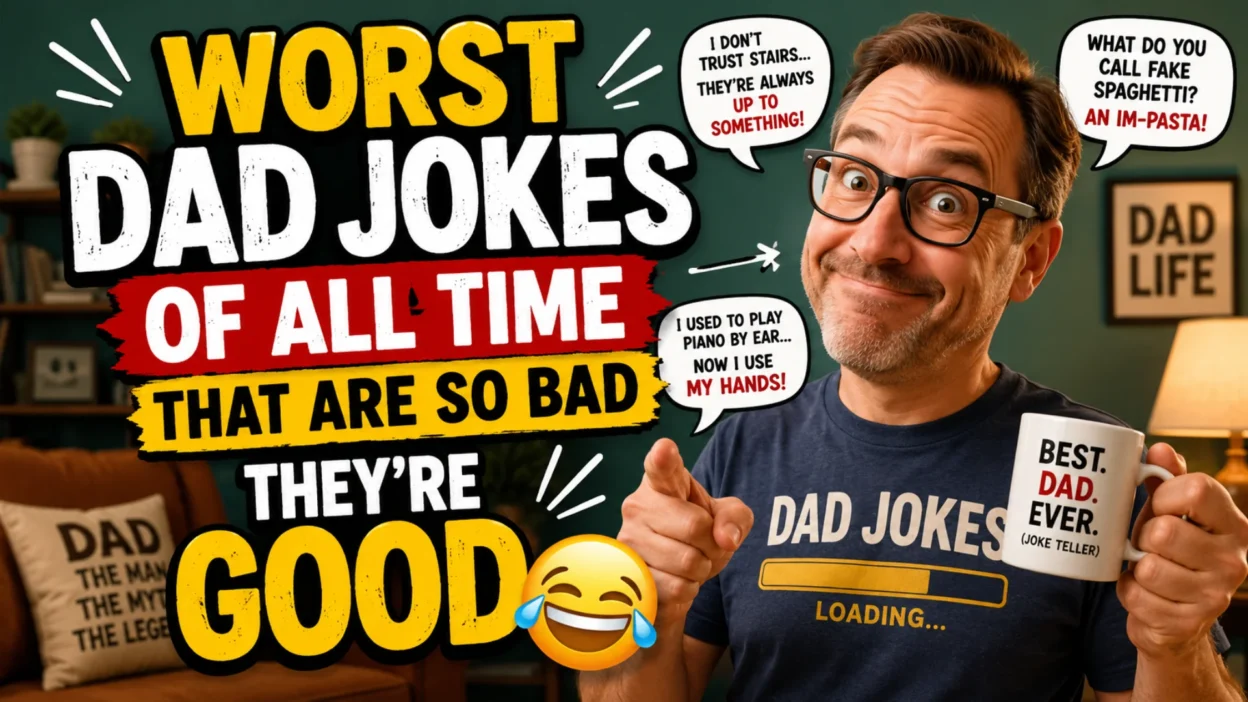 Funny dad holding a mug with hilarious worst dad jokes text, colorful comic-style featured image for a collection of bad but funny dad jokes.