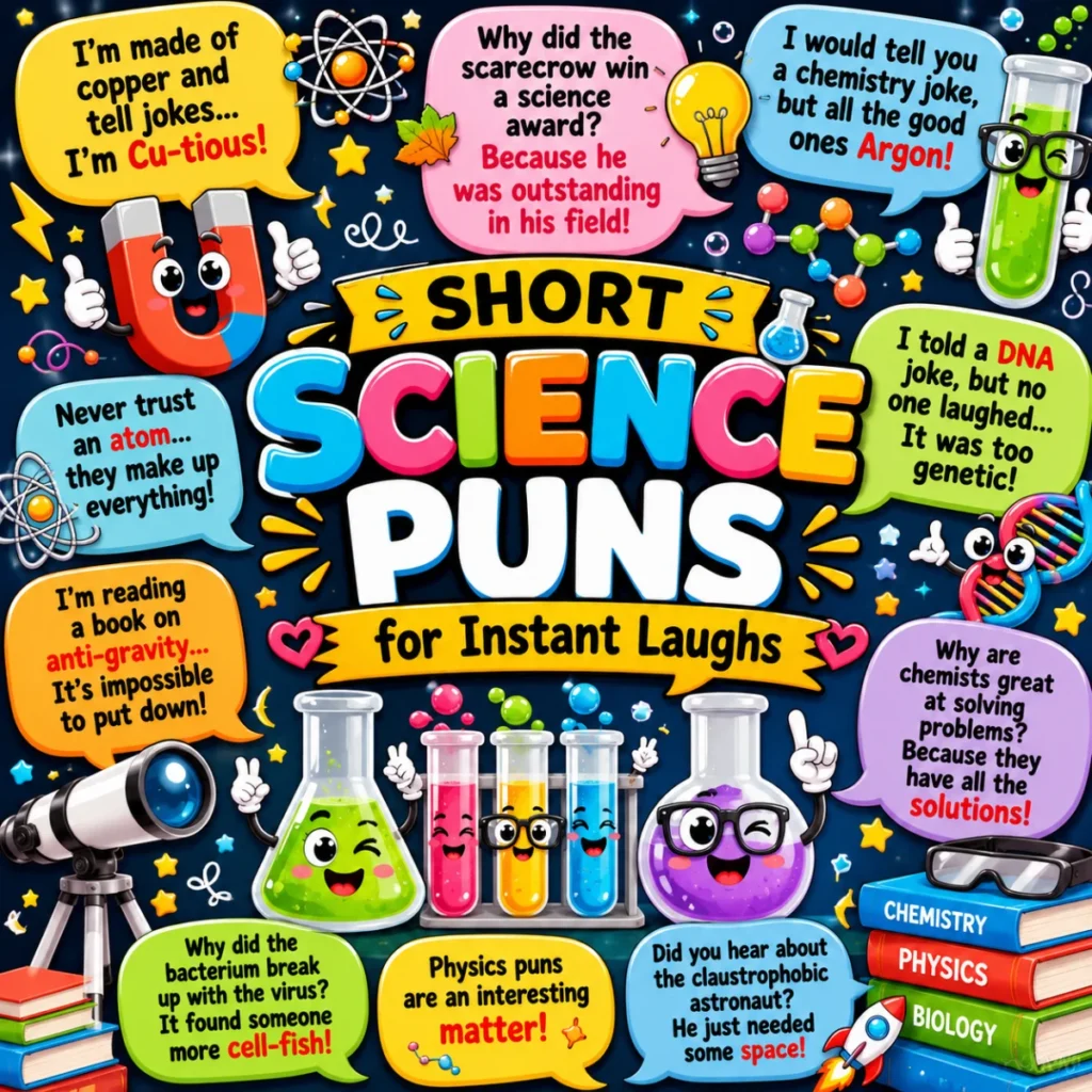 Short Science Puns for Instant Laughs featuring colorful cartoon test tubes, chemistry flasks, molecules, magnets, and funny science-themed illustrations