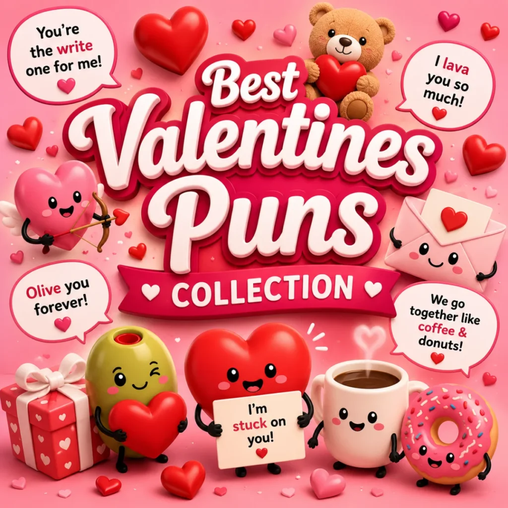 Best Valentines Puns Collection featuring cute hearts, love-themed characters, and funny Valentine's Day wordplay