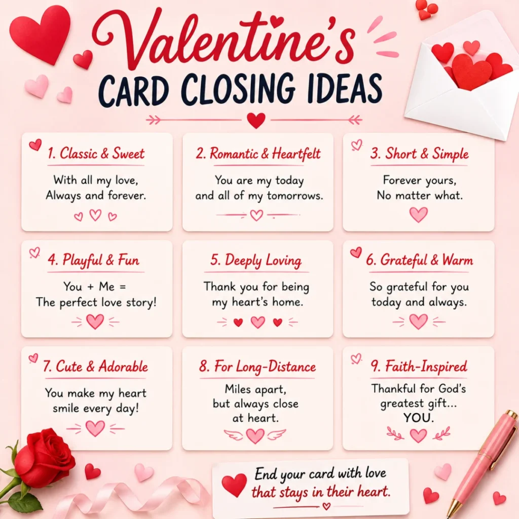 Square Valentine's Day graphic featuring heartfelt Valentine's card closing ideas with romantic messages, hearts, roses, envelopes, and elegant pink and red decorations.