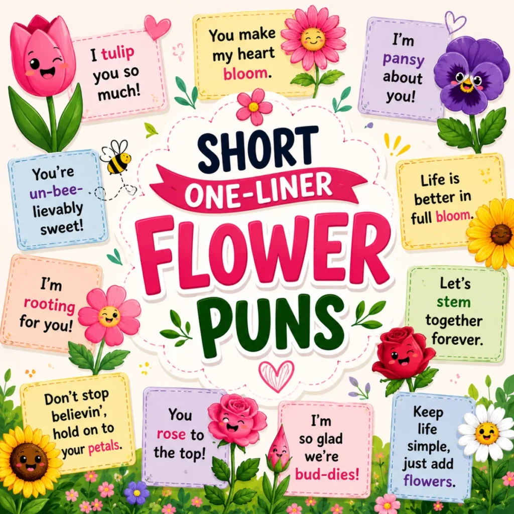 Colorful 1200×1200 illustration featuring blooming flowers, floral doodles, and playful typography with the title "Short One-Liner Flower Puns" for a collection of funny flower one-liners.