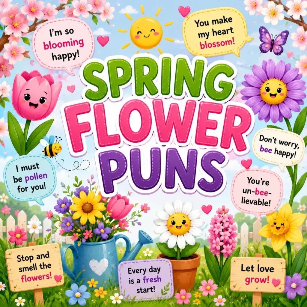 Colorful 1200×1200 spring-themed illustration featuring blooming flowers, butterflies, sunshine, and playful typography with the title "Spring Flower Puns" for a collection of funny floral jokes.