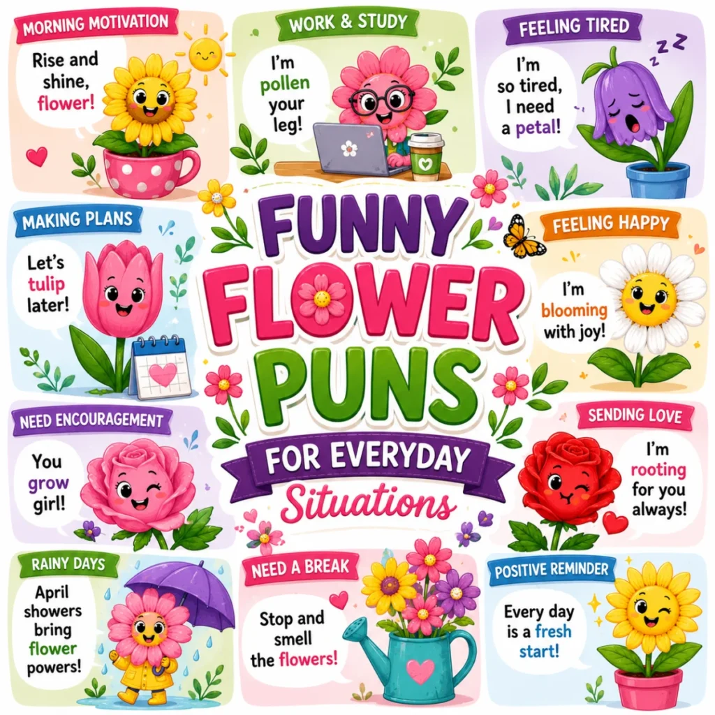 Colorful 1200×1200 illustration featuring cheerful flowers, blooming garden elements, and playful typography with the title "Funny Flower Puns for Everyday Situations" for a collection of humorous floral puns.