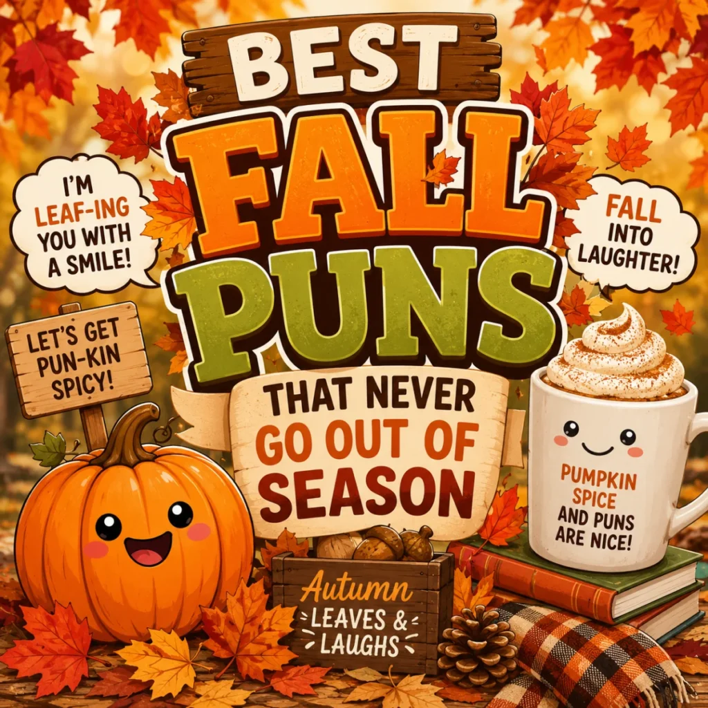 Best Fall Puns That Never Go Out of Season featuring colorful autumn leaves, a smiling pumpkin, a pumpkin spice coffee mug, and cozy fall-themed cartoon illustration.