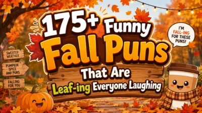 175+ Funny Fall Puns with colorful autumn leaves, smiling pumpkin, cozy coffee cup, and playful fall-themed cartoon design.