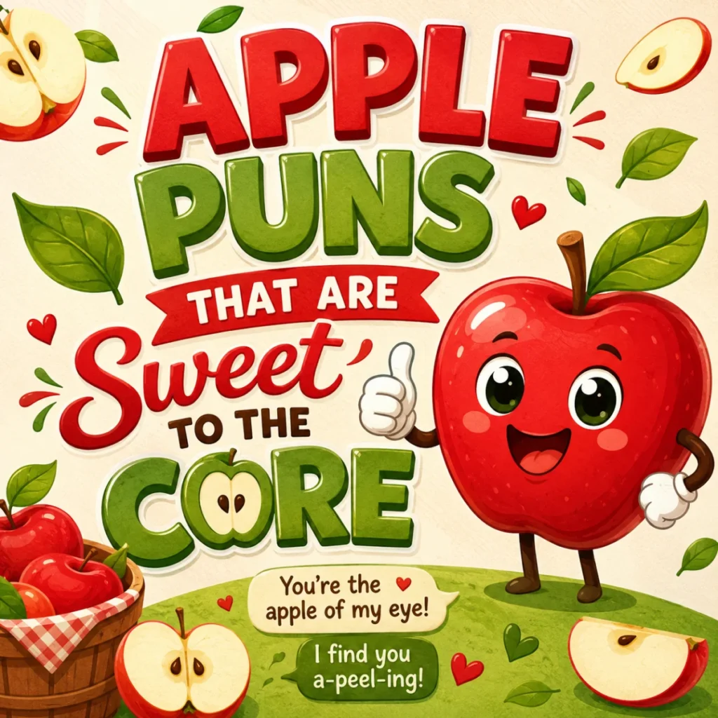 Funny apple puns illustration with a smiling red apple character and playful typography celebrating sweet apple jokes.