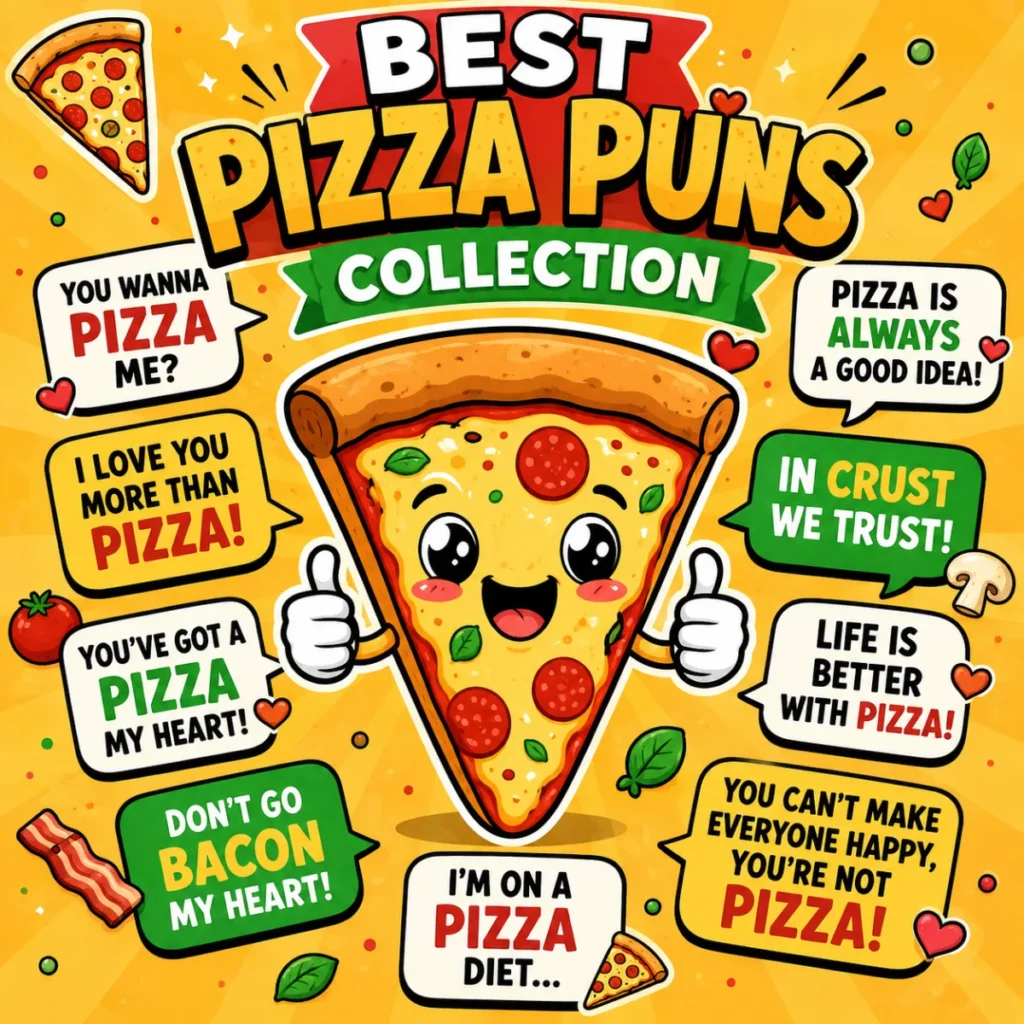 Best Pizza Puns Collection featuring a smiling cartoon pizza slice surrounded by funny pizza puns and colorful speech bubbles on a bright yellow background.