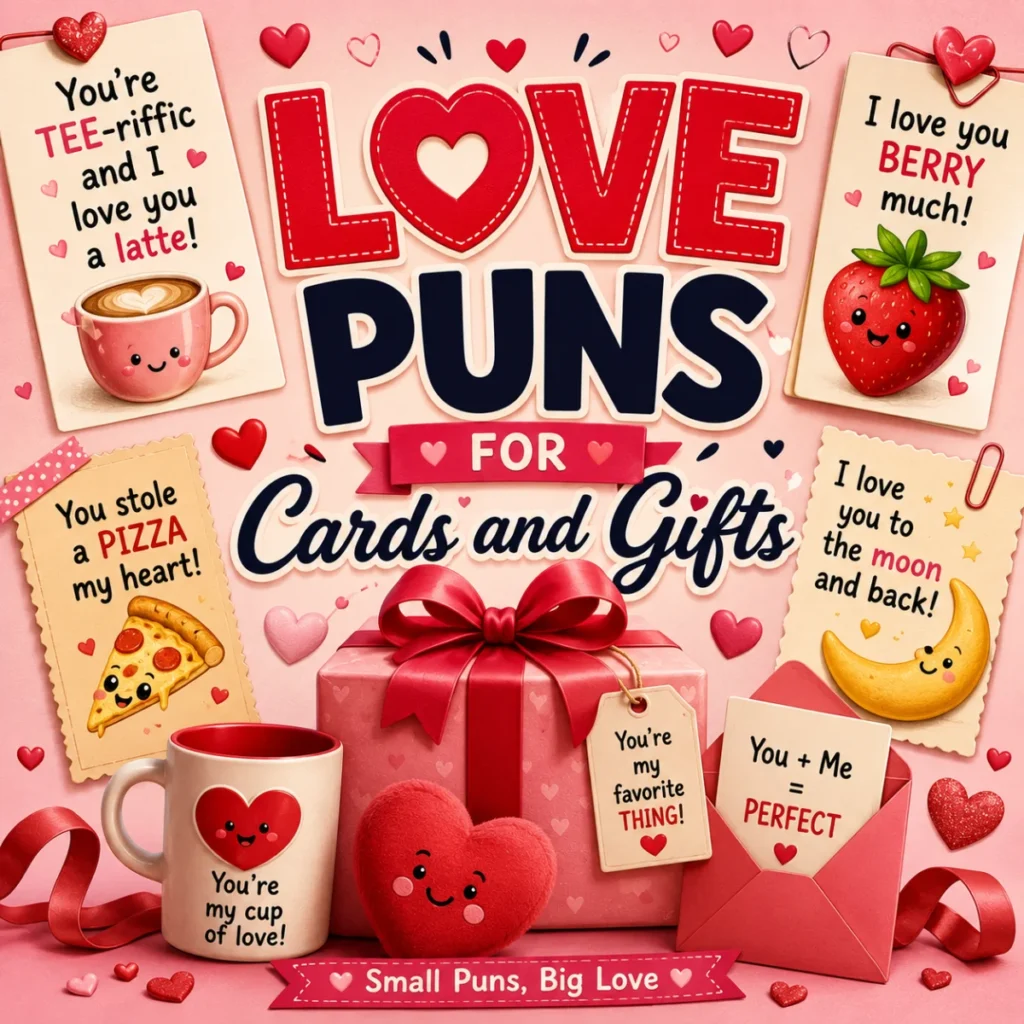 Colorful Valentine's-themed illustration featuring greeting cards, wrapped gifts, hearts, ribbons, and romantic love puns for cards and gifts.