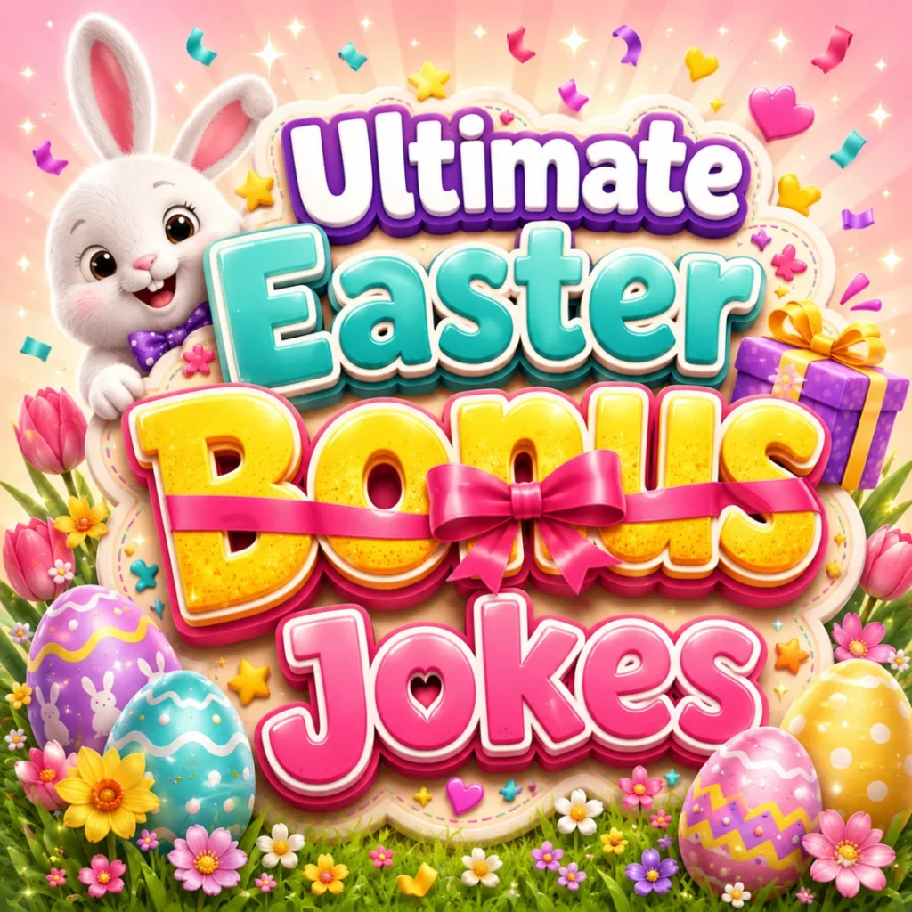 Ultimate Easter bonus jokes with festive gift baskets, colorful Easter eggs, a cheerful bunny, and spring decorations.