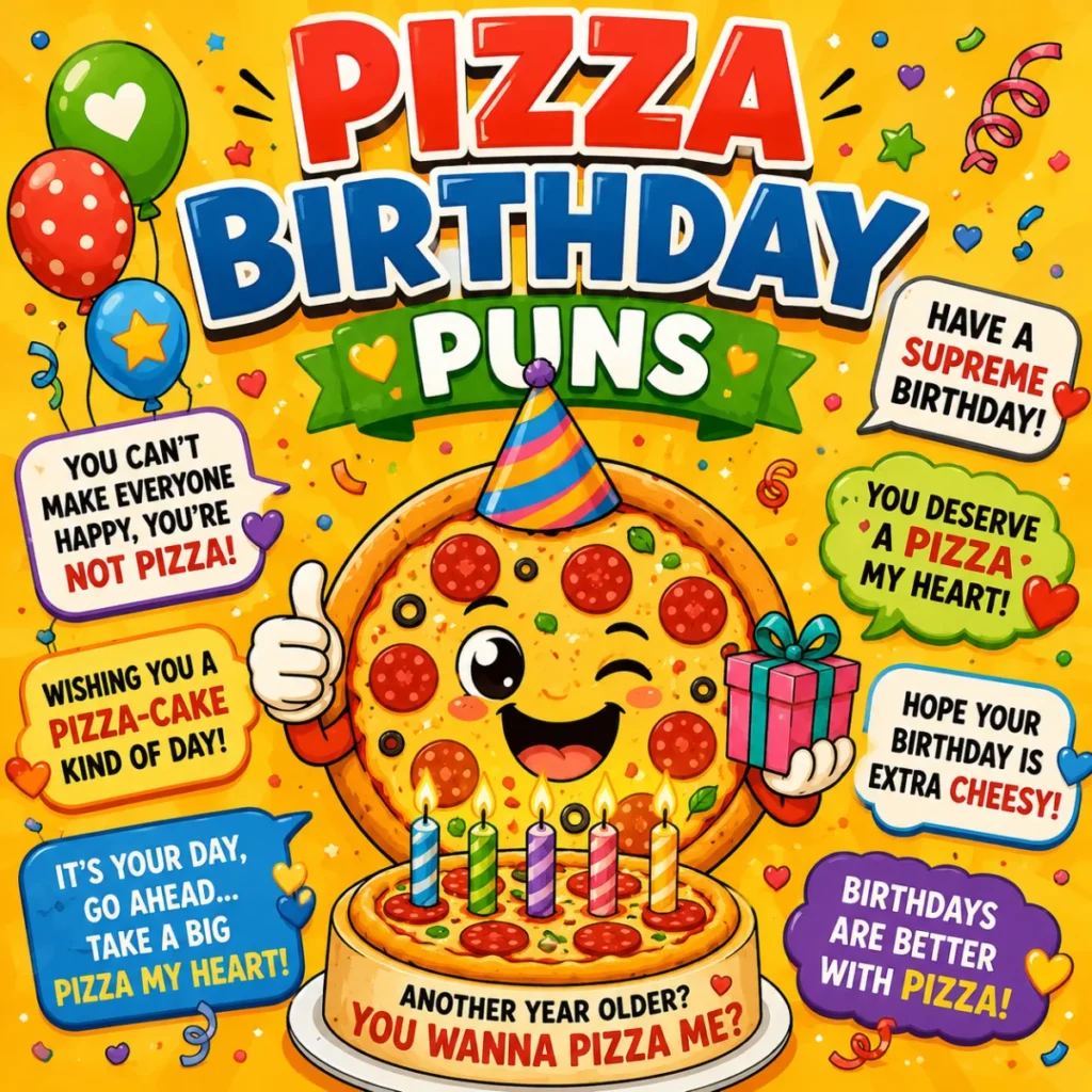 Pizza Birthday Puns illustration featuring a smiling cartoon pizza wearing a party hat, holding a birthday gift, with a pizza cake, candles, balloons, and funny birthday pizza puns.