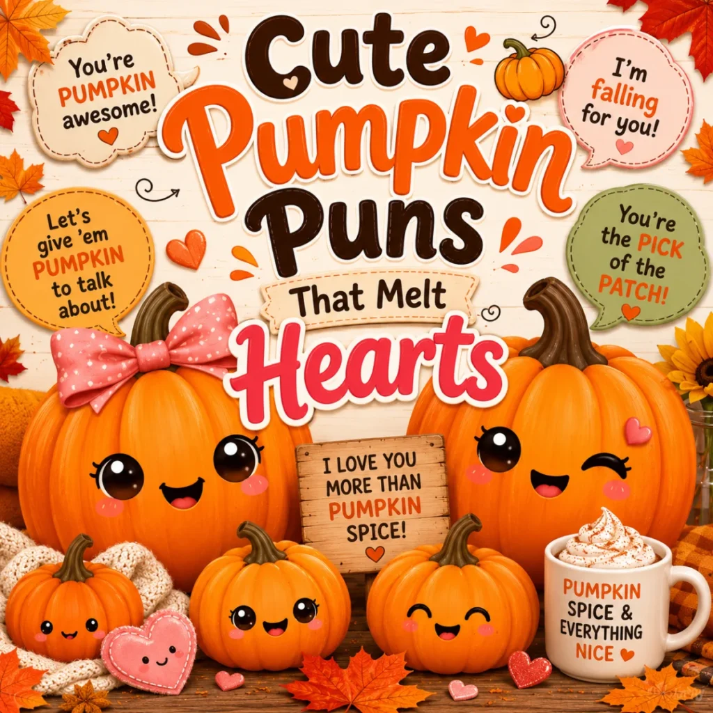 Cute Pumpkin Puns That Melt Hearts featuring adorable smiling pumpkins, heartwarming fall illustrations, and colorful autumn leaves