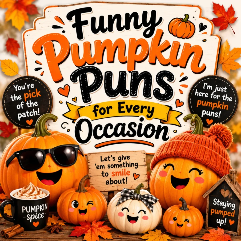 Funny Pumpkin Puns for Every Occasion featuring cute cartoon pumpkins, colorful autumn leaves, and playful fall-themed illustrations