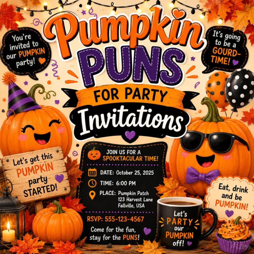 Pumpkin Puns for Party Invitations featuring cute cartoon pumpkins, festive balloons, autumn leaves, and fun Halloween party decorations