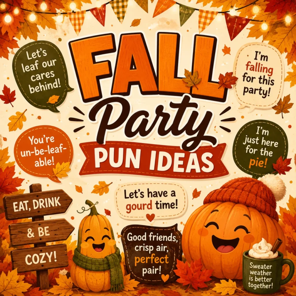 Colorful fall party puns illustration with smiling pumpkins, autumn leaves, festive decorations, and funny seasonal sayings.