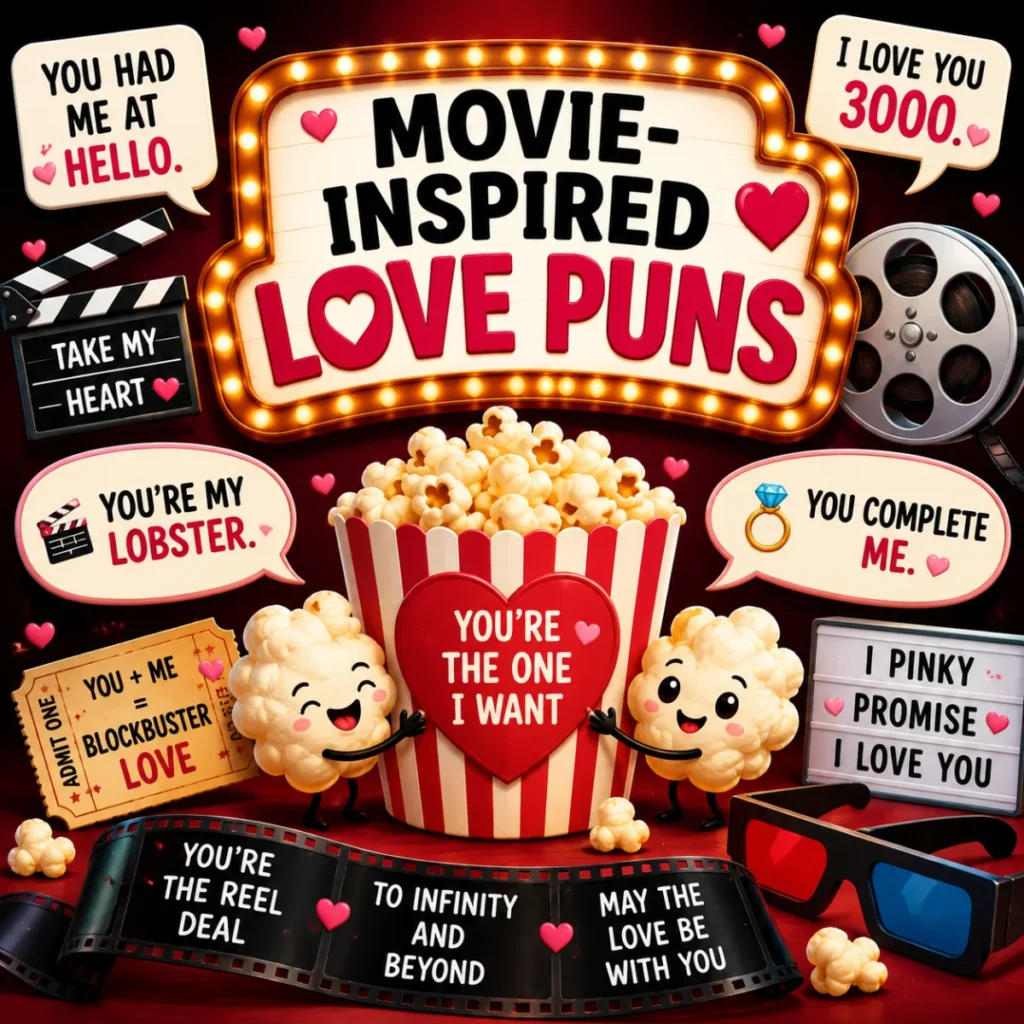 Colorful movie-themed illustration with hearts, popcorn, film reels, and romantic wordplay celebrating funny movie-inspired love puns.