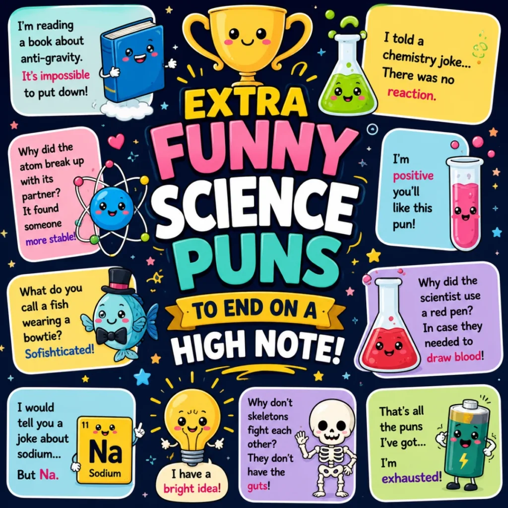 Colorful science pun poster featuring smiling laboratory flasks, an atom, a trophy, light bulb, battery, and funny science jokes on a dark background.