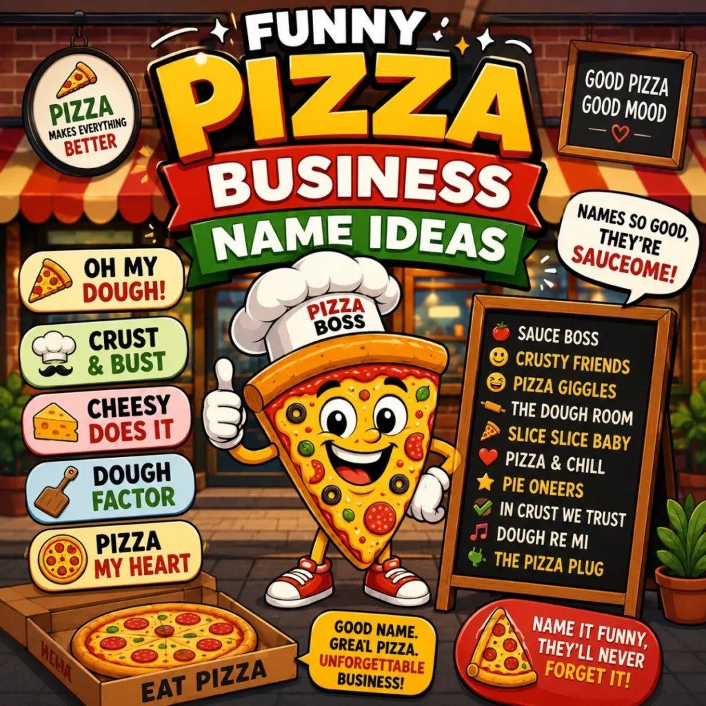 Funny Pizza Business Name Ideas illustration featuring a smiling cartoon pizza chef, a restaurant storefront, and creative pizza shop name ideas on colorful signboards.