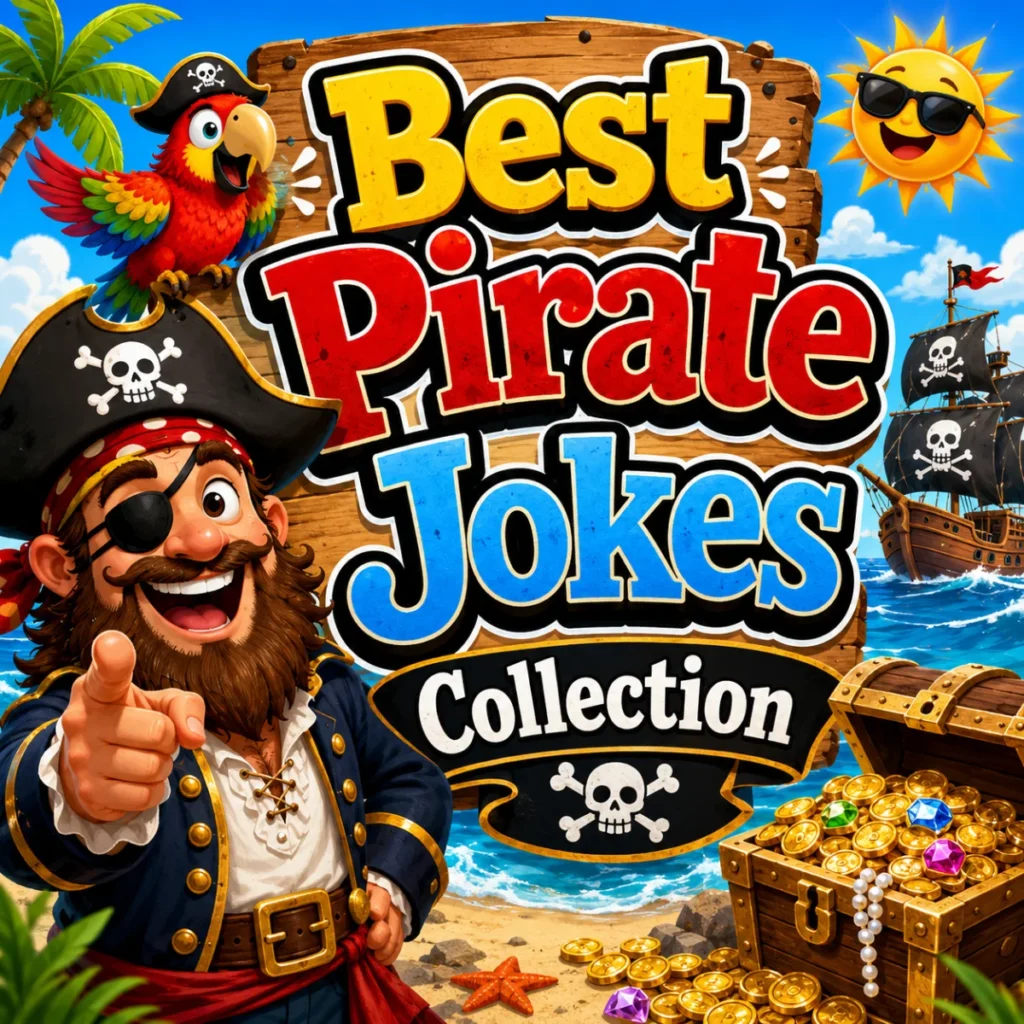 Best pirate jokes collection featuring happy cartoon pirates, a pirate ship, treasure chest, parrots, and ocean adventure humor.