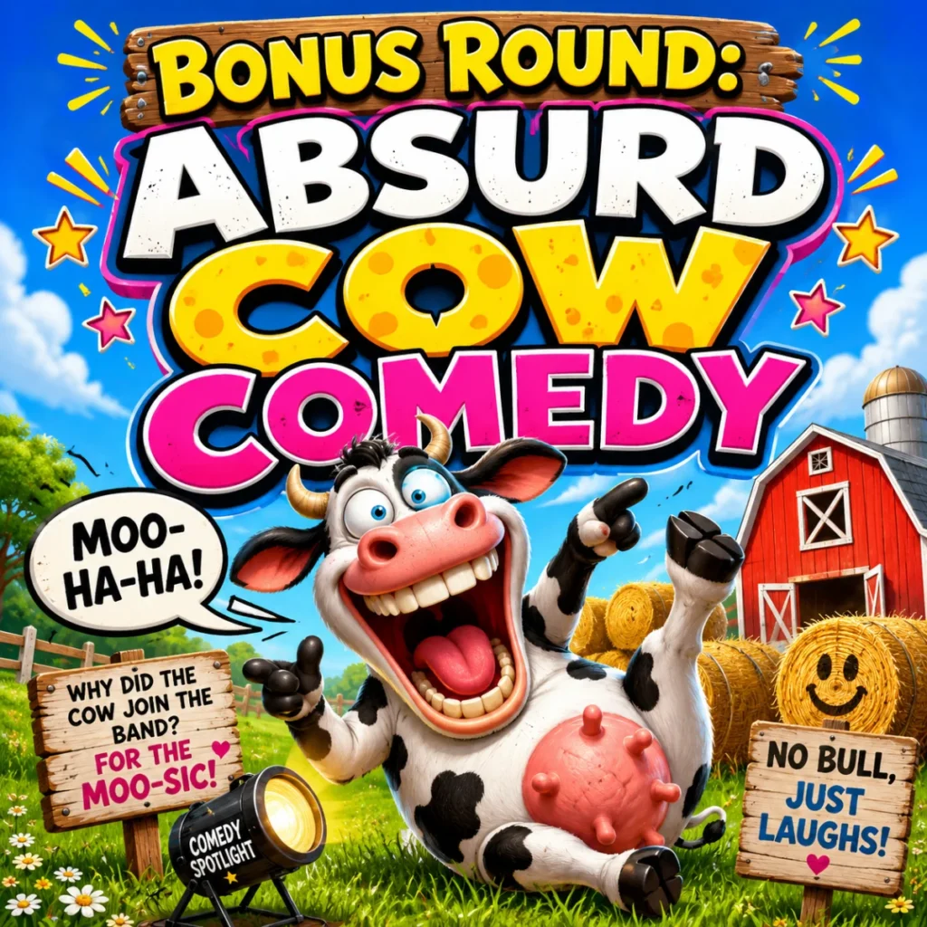 Funny cartoon cow in an absurd comedy scene wearing oversized sunglasses and making silly faces on a colorful farm.
