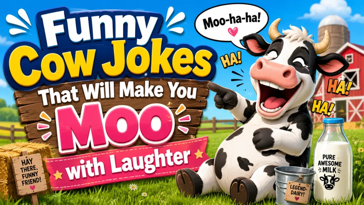Funny cow telling hilarious jokes while smiling in a sunny farm field with other cows laughing together.