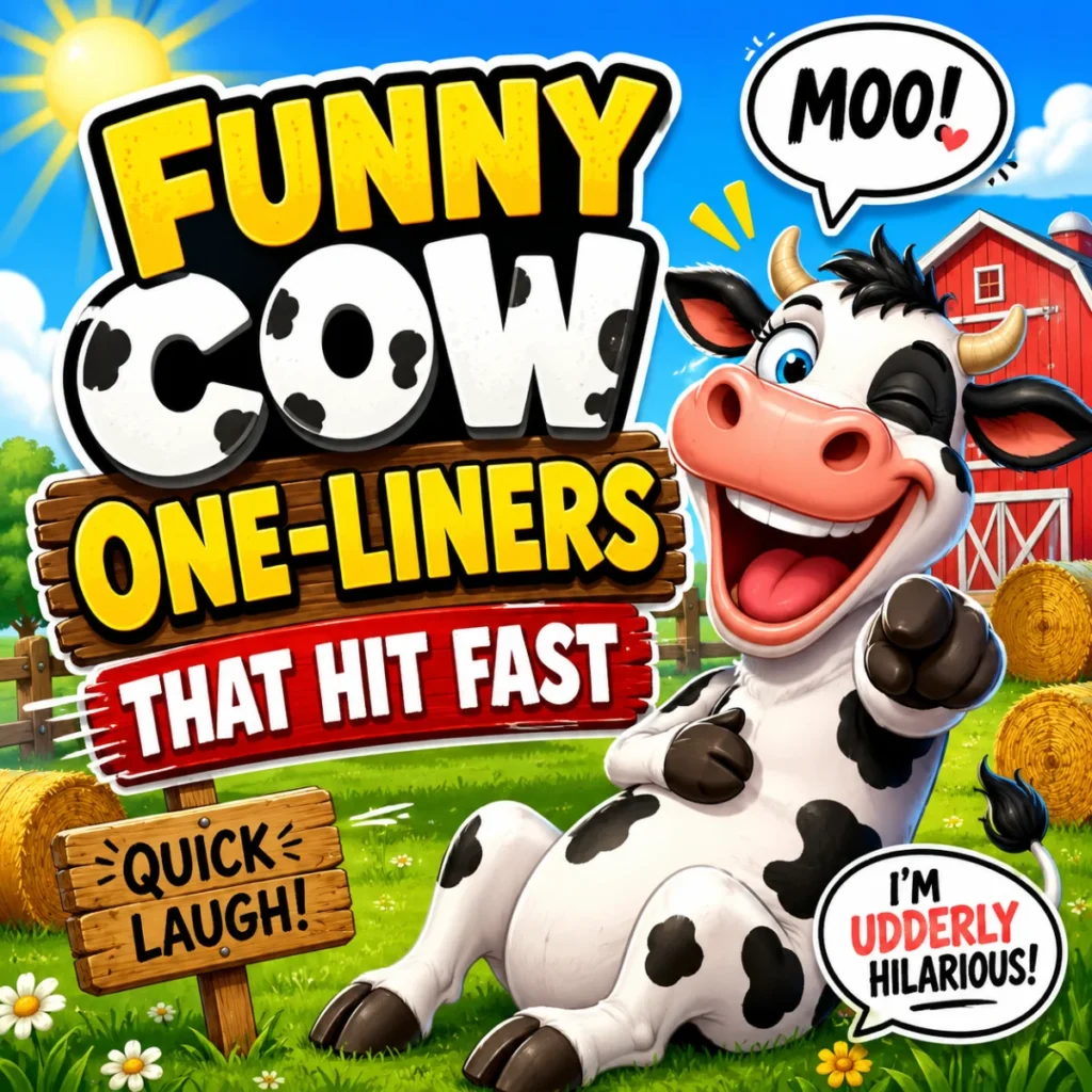 Smiling cartoon cow delivering funny one-liners on a sunny farm with playful expressions and cheerful countryside scenery.