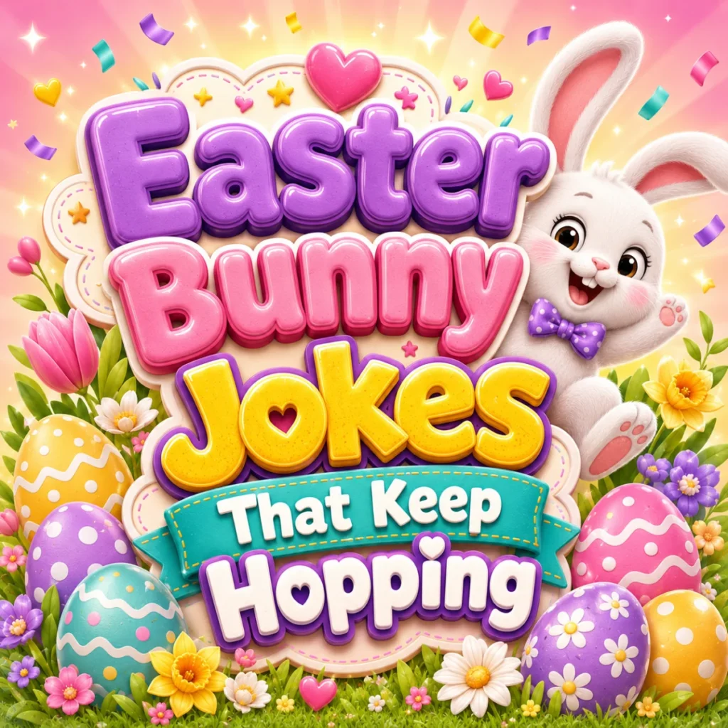 Funny Easter bunny jokes featuring a happy bunny hopping through a field of colorful Easter eggs and spring flowers.