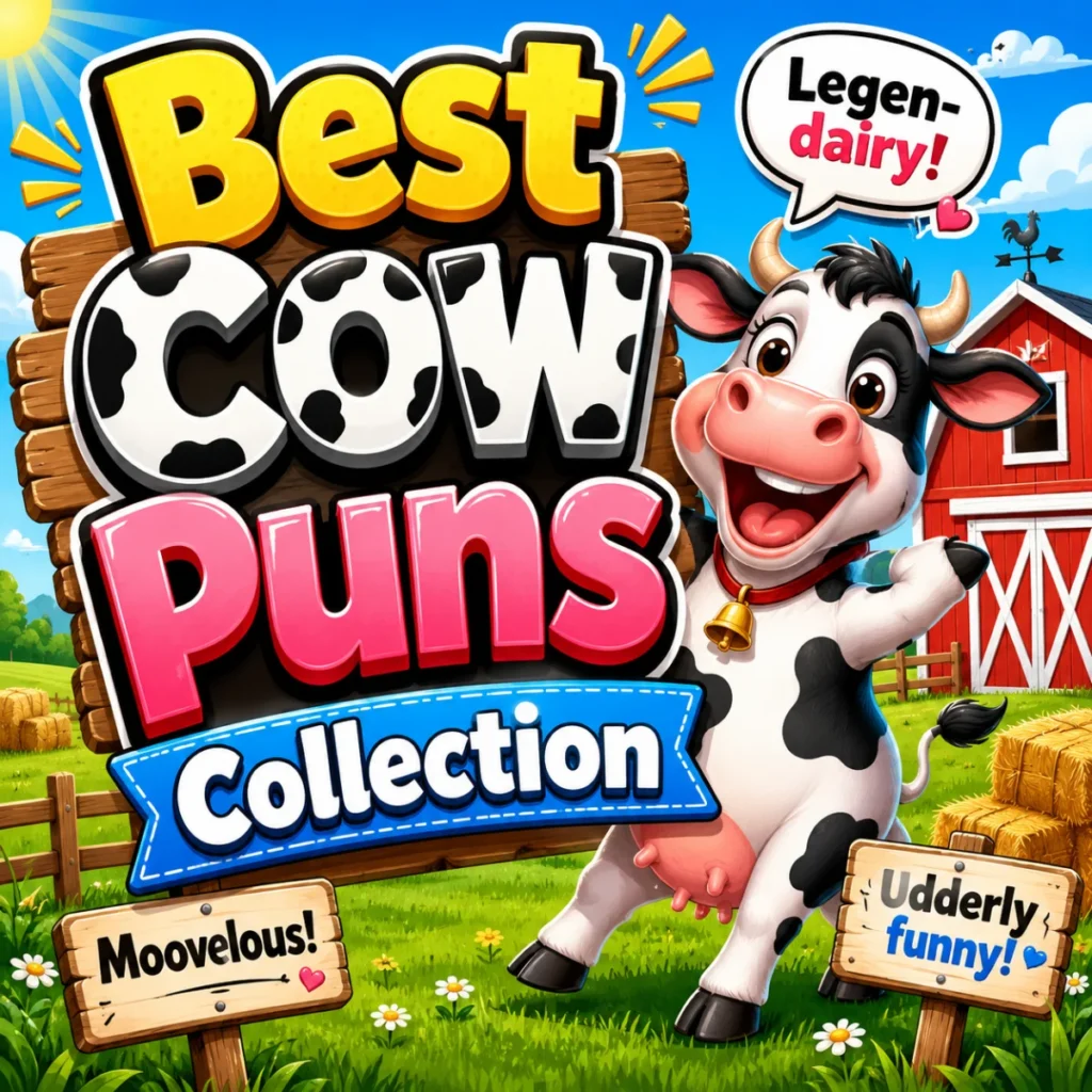 Cute cartoon cow with a big smile surrounded by funny cow puns and playful farm-themed illustrations.