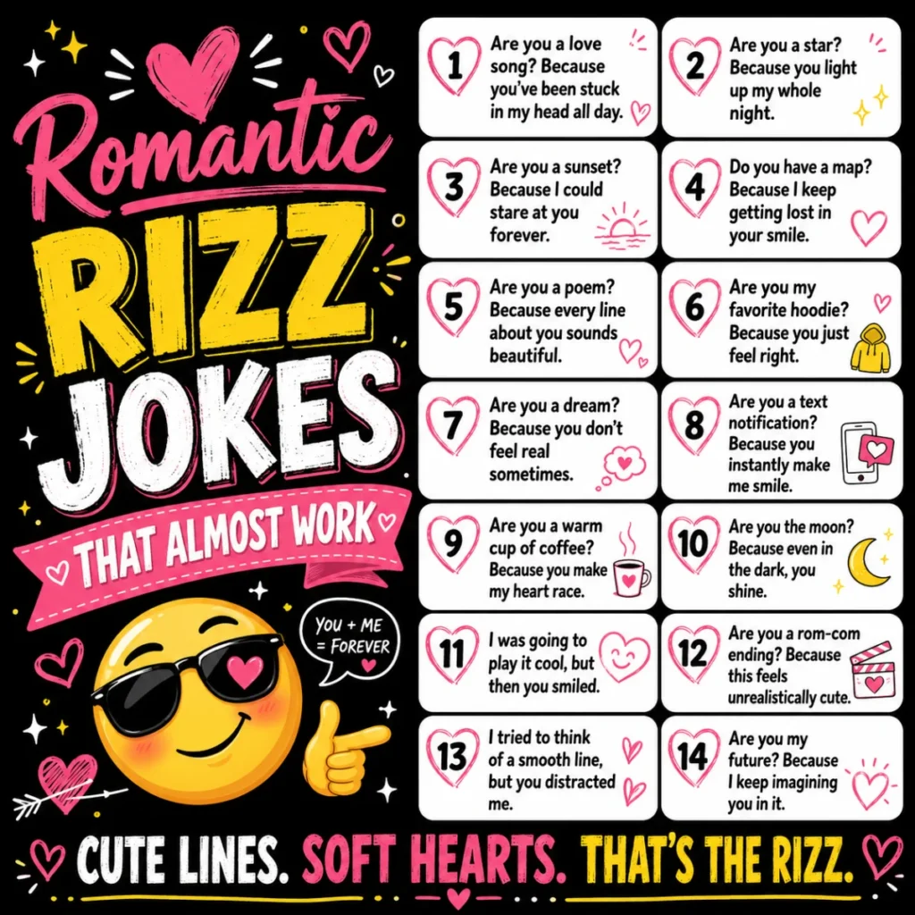 Romantic rizz jokes that almost work featuring funny pickup lines, sweet flirting, charming one-liners, and playful love humor.