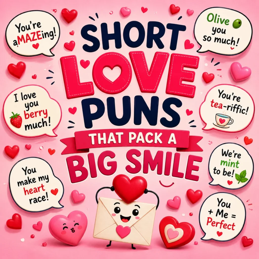 Cute square illustration with colorful hearts, romantic icons, and playful typography celebrating short love puns that bring big smiles.