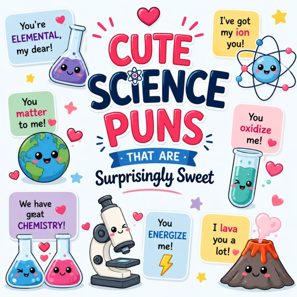 Cute science-themed illustration featuring smiling laboratory beakers, an atom, Earth, microscope, volcano, and sweet science puns with colorful hearts on a pastel background.