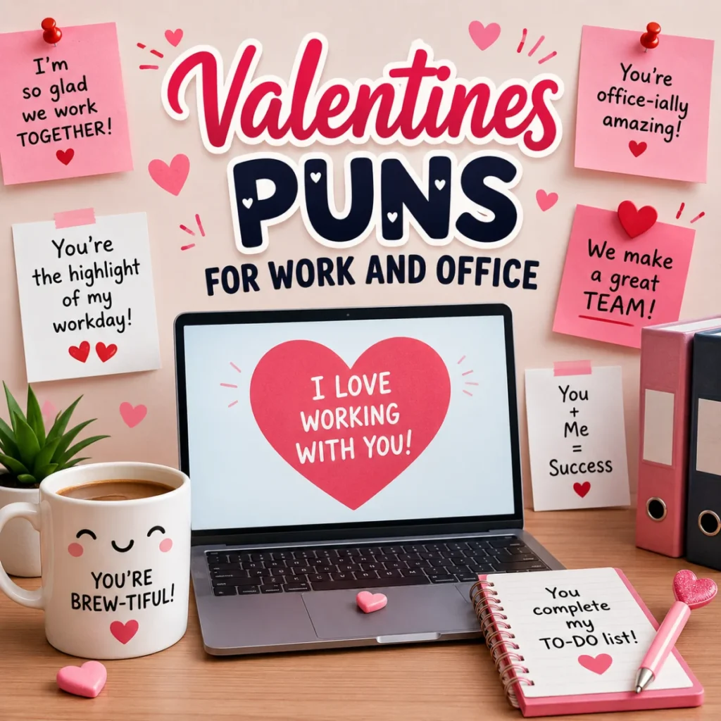 Cute Valentine's office-themed illustration featuring a laptop, coffee mug, heart-shaped sticky notes, and funny work-related Valentine's puns in a pink workspace.