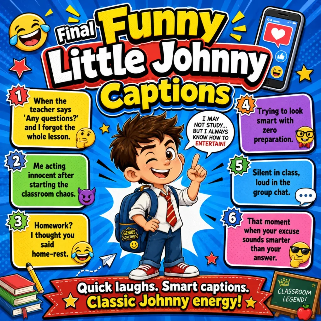 Little Johnny smiling with a funny speech bubble, surrounded by colorful social media-style caption cards and playful comic elements.