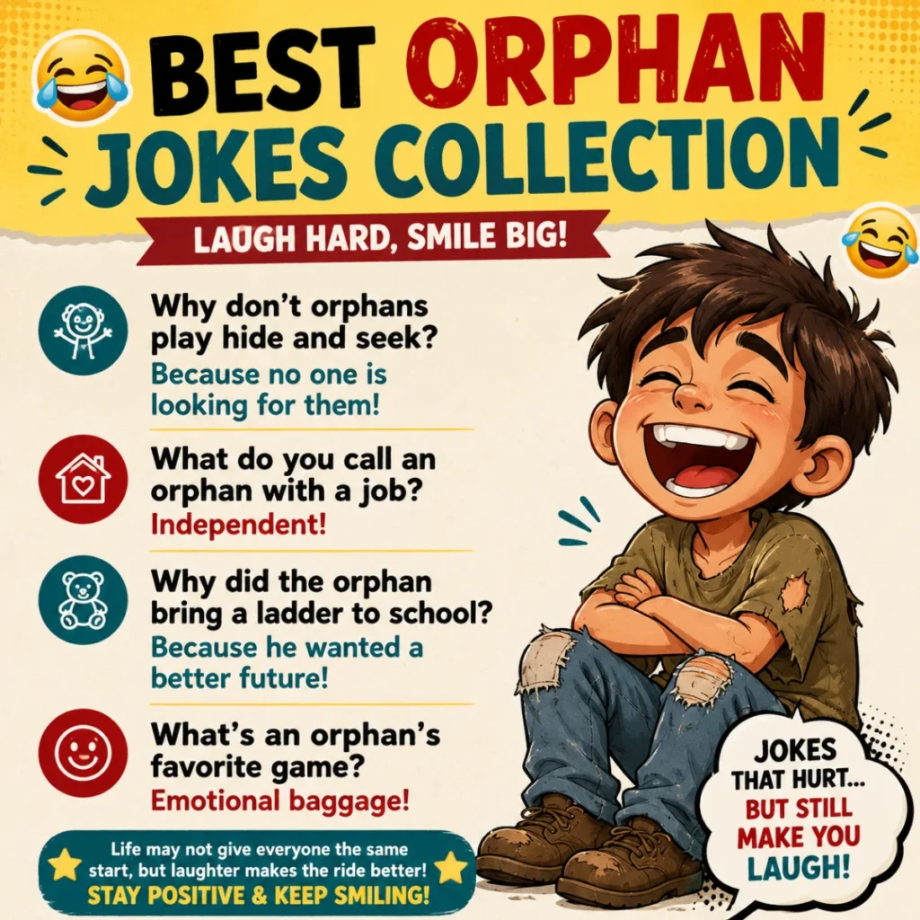 Best orphan jokes collection featuring playful cartoon characters enjoying lighthearted comedy with cheerful expressions and a fun atmosphere.