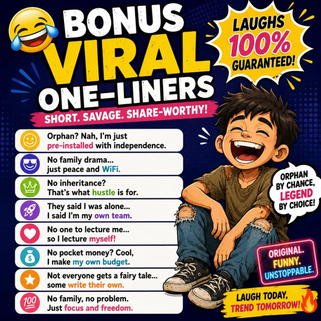 Bonus viral one-liners illustrated with cheerful cartoon comedy elements, funny speech bubbles, and playful expressions for lighthearted laughs.
