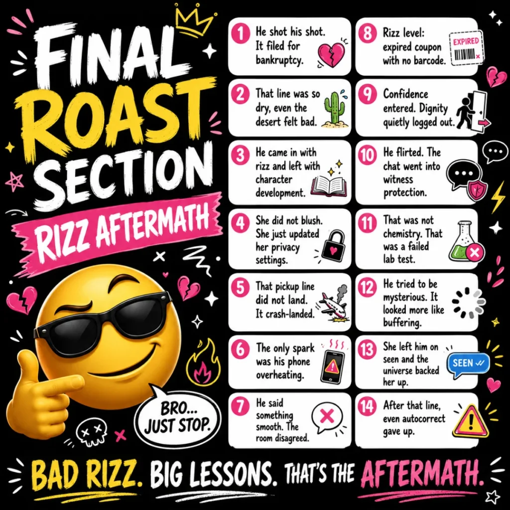 Final Rizz Aftermath roast section featuring hilarious rizz fails, funny pickup line disasters, and laugh-out-loud flirting jokes.