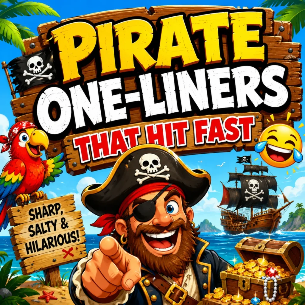 Pirate one-liners featuring cheerful cartoon pirates, a pirate ship, and quick ocean-themed jokes for fast laughs.