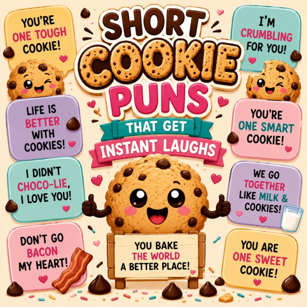 Cute square illustration of smiling chocolate chip cookies with playful dessert-themed graphics and short cookie puns for quick laughs.