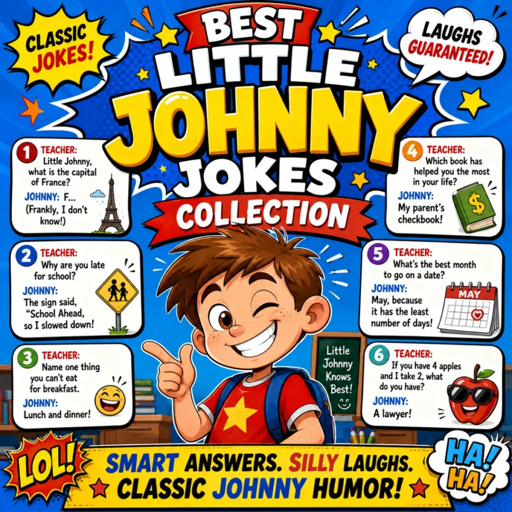 Smiling Little Johnny delivering one of his funniest jokes to a laughing classroom in a bright, playful school setting.