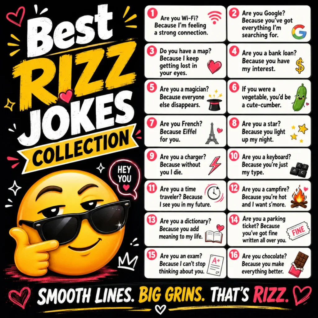 Best rizz jokes collection featuring funny pickup lines, smooth flirting, witty one-liners, and clever romantic humor.