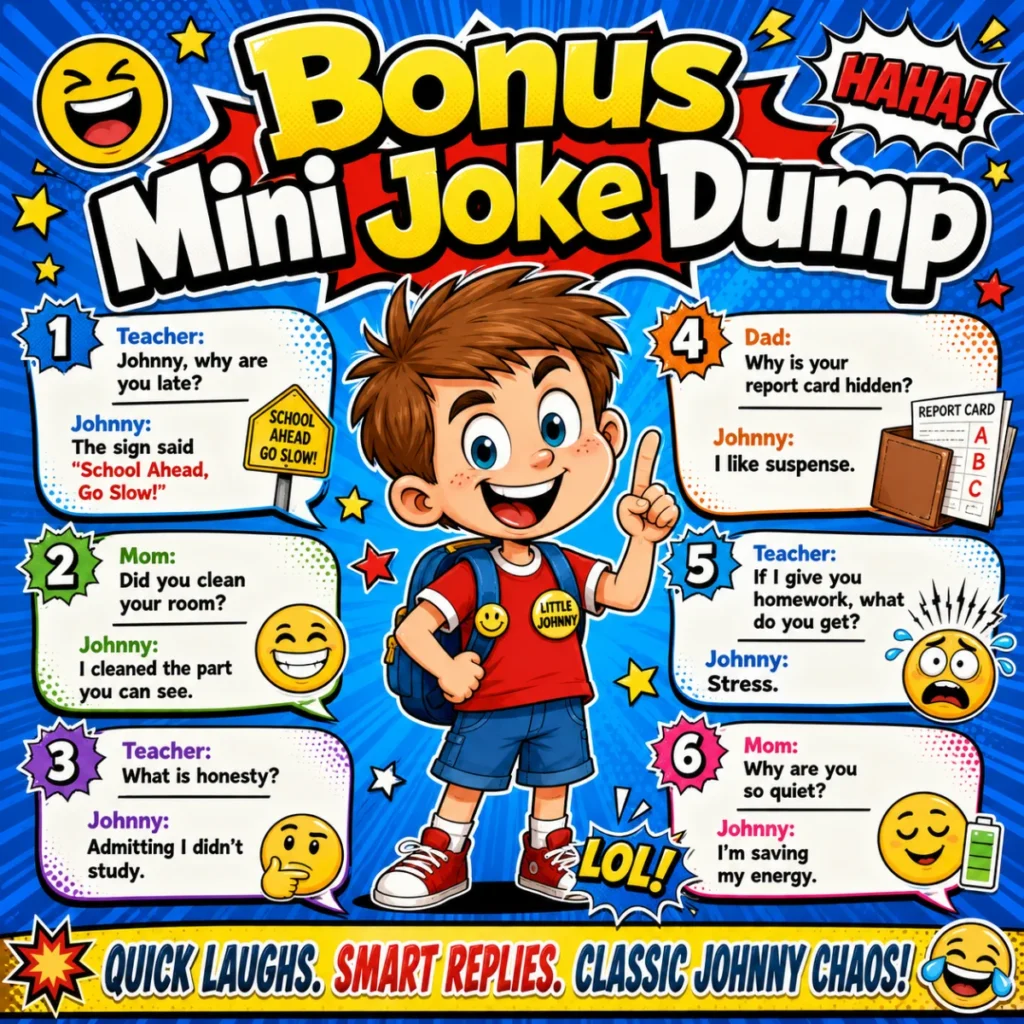 A cheerful collection of funny mini jokes displayed with playful speech bubbles, smiling cartoon characters, and colorful comic-style elements.