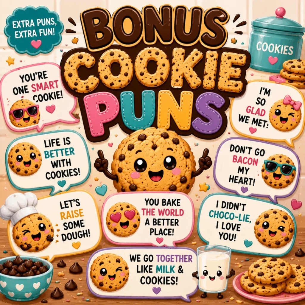 Fun square illustration featuring smiling chocolate chip cookies, colorful bakery elements, and bonus cookie puns in a playful dessert-themed design.