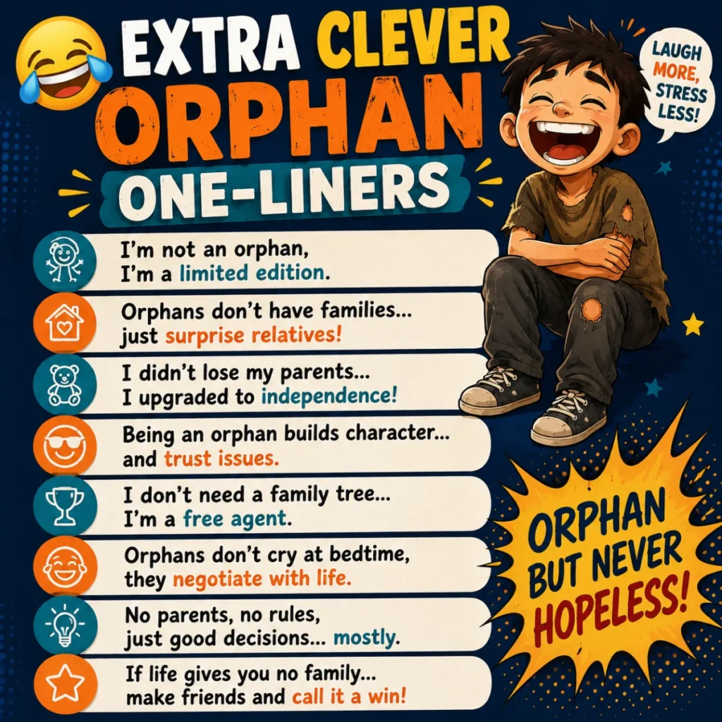 Extra clever orphan one-liners illustrated with playful cartoon comedy elements, speech bubbles, and a cheerful, lighthearted atmosphere.