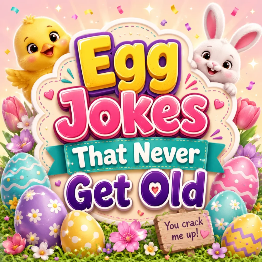 Funny Easter bunny jokes featuring a happy bunny hopping through a field of colorful Easter eggs and spring flowers.