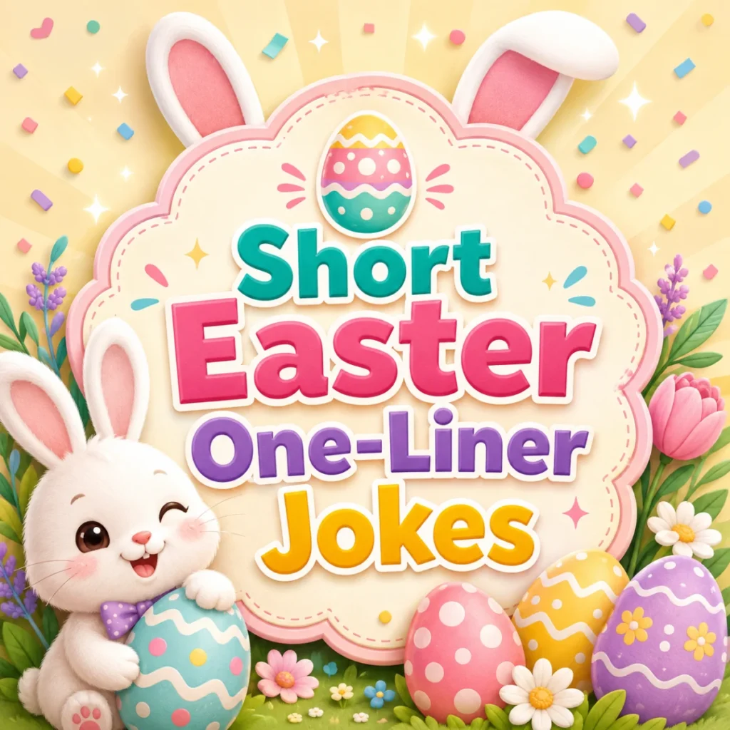 Collection of short Easter one-liner jokes with colorful eggs, a smiling Easter bunny, and cheerful spring decorations.