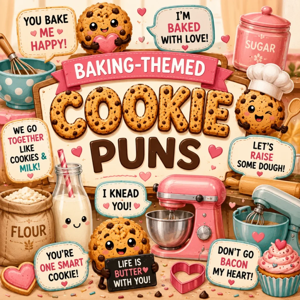 Colorful baking-themed illustration featuring smiling chocolate chip cookies, mixing bowls, rolling pins, and playful cookie puns in a cheerful kitchen.