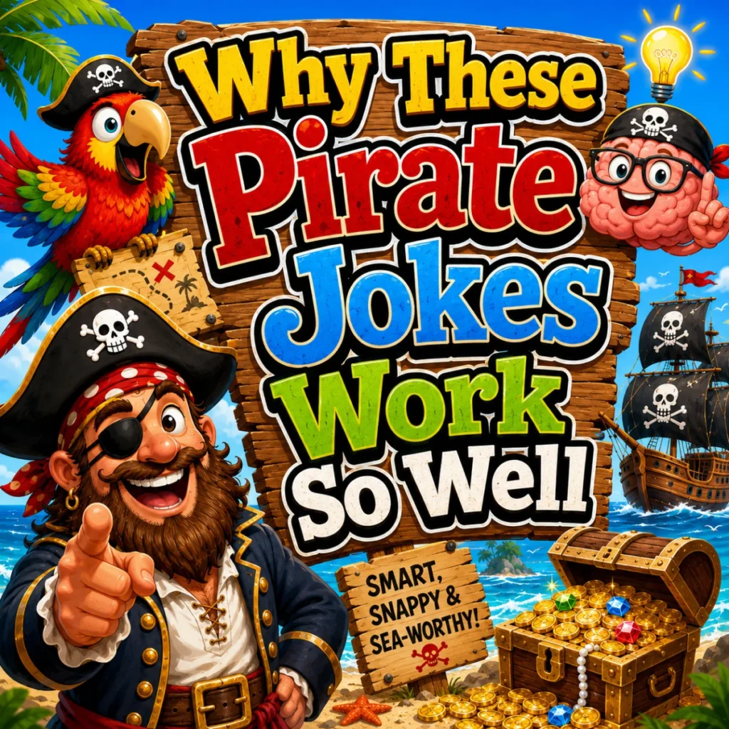 Why these pirate jokes work so well illustrated with cheerful cartoon pirates, a pirate ship, treasure, and playful laughter.
